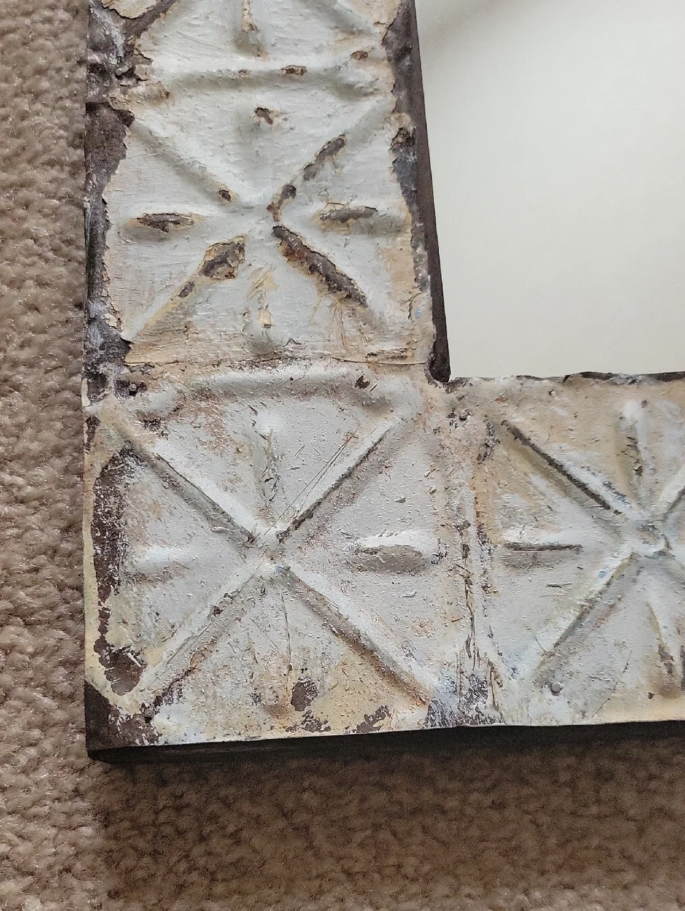 Distressed White Decorative Wall Mirror - Rustic Tile-Pattern Frame.